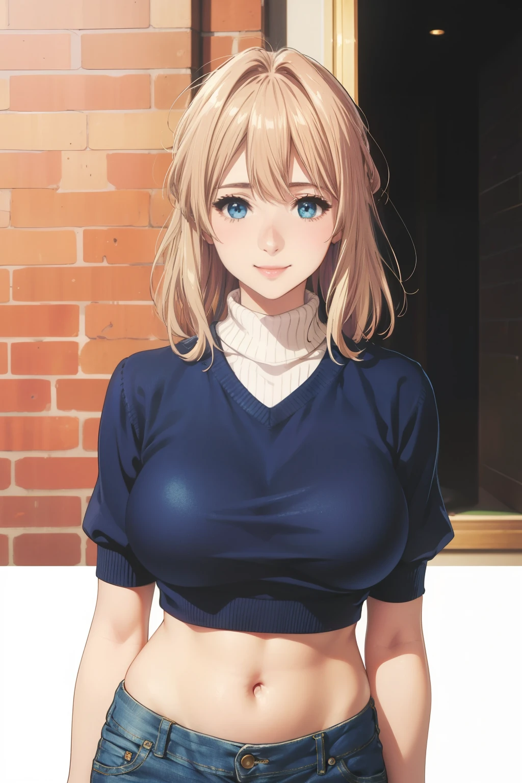 (1girl,masterpiece, highest quality, highest quality,beautiful and aesthetic:1.2,professional illustration:1.1,ultra detail:1.3, official art, professional illustration, Super detailed depiction, Super precise depiction, Highly detailed 8K illustrations, High resolution,perfect anatomy, perfect face, perfect hands、smile、big breasts )、real stick、blonde、short、cropped sweater, belly button, sweater blur background、jeans