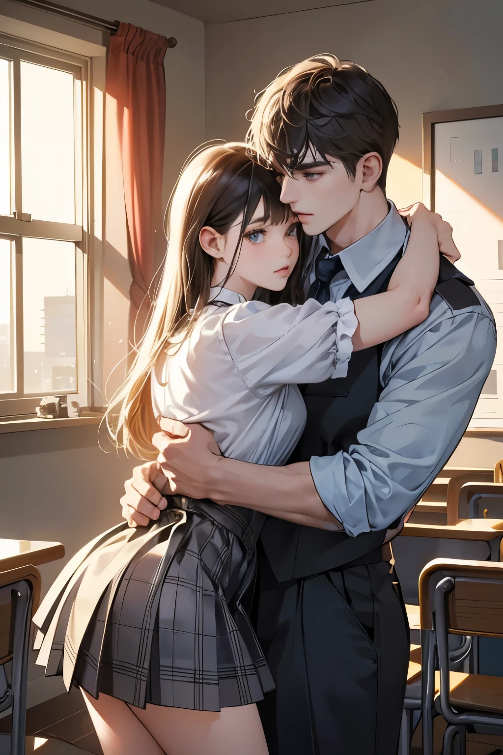 (Masterpiece, Digital Art, Digital Illustration, 8K, Ultra-detailed, Beautiful image, Sharp image, Photorealistic, Raw photo, Perfect face, Perfect lines, Perfect eyes, Soft lighting),
Hug between 1 man and 1 girl in a classroom setting,
1 man with a strong and slightly rugged build,
1 girl in a plaid uniform with a Peter Pan collar,
Both figures standing with their bodies overlapping,
Her head resting on his chest, her arms wrapped around his waist,
Soft lighting casting gentle shadows on their expressions,
Perfect lines and curves on their bodies accentuated,
Ultra-detailed rendering of their