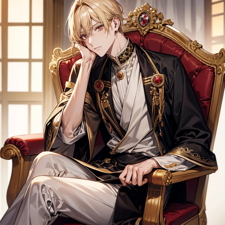 short blond anime man sitting on a chair,parting bangs,Golden Eyes,光るGolden Eyes,black and red royal clothes,Blonde madman
