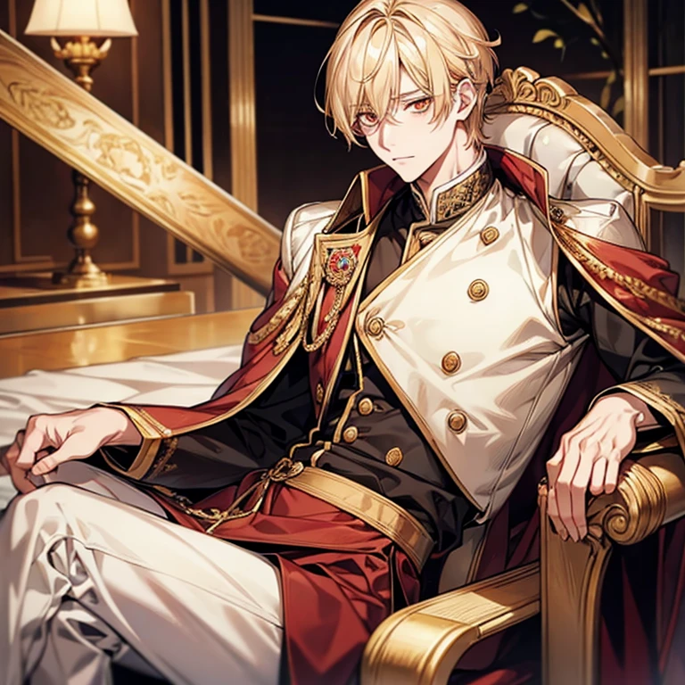 short blond anime man sitting on a chair,parting bangs,Golden Eyes,光るGolden Eyes,black and red royal clothes,Blonde madman