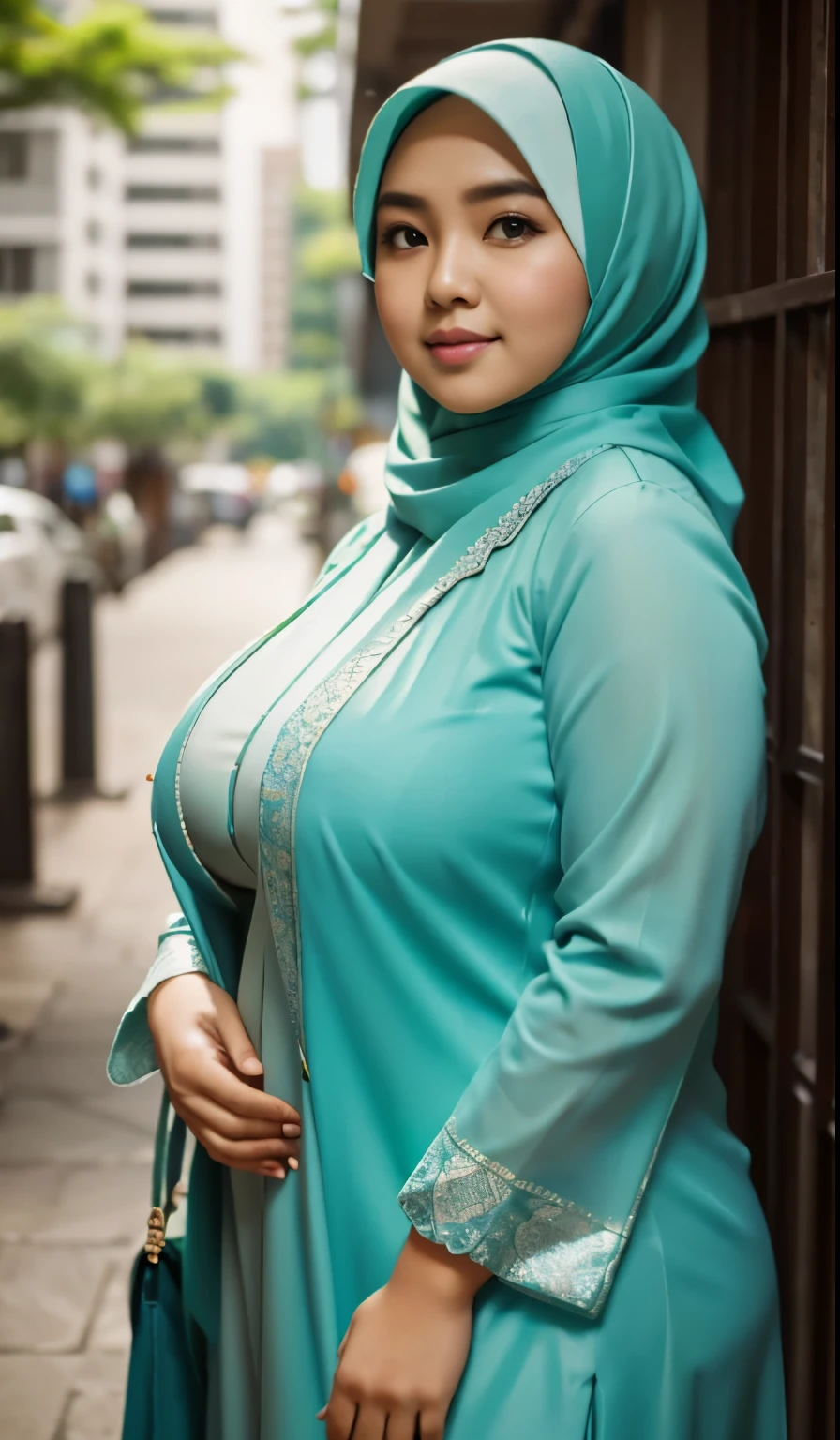 1 malay girl, modern plain hijab, shy, medium portrait, watery eyes, wearing pastel green kebaya, ((big breasts)), black bokeh background, well-proportioned body,, chubby massive thighs, full body pose