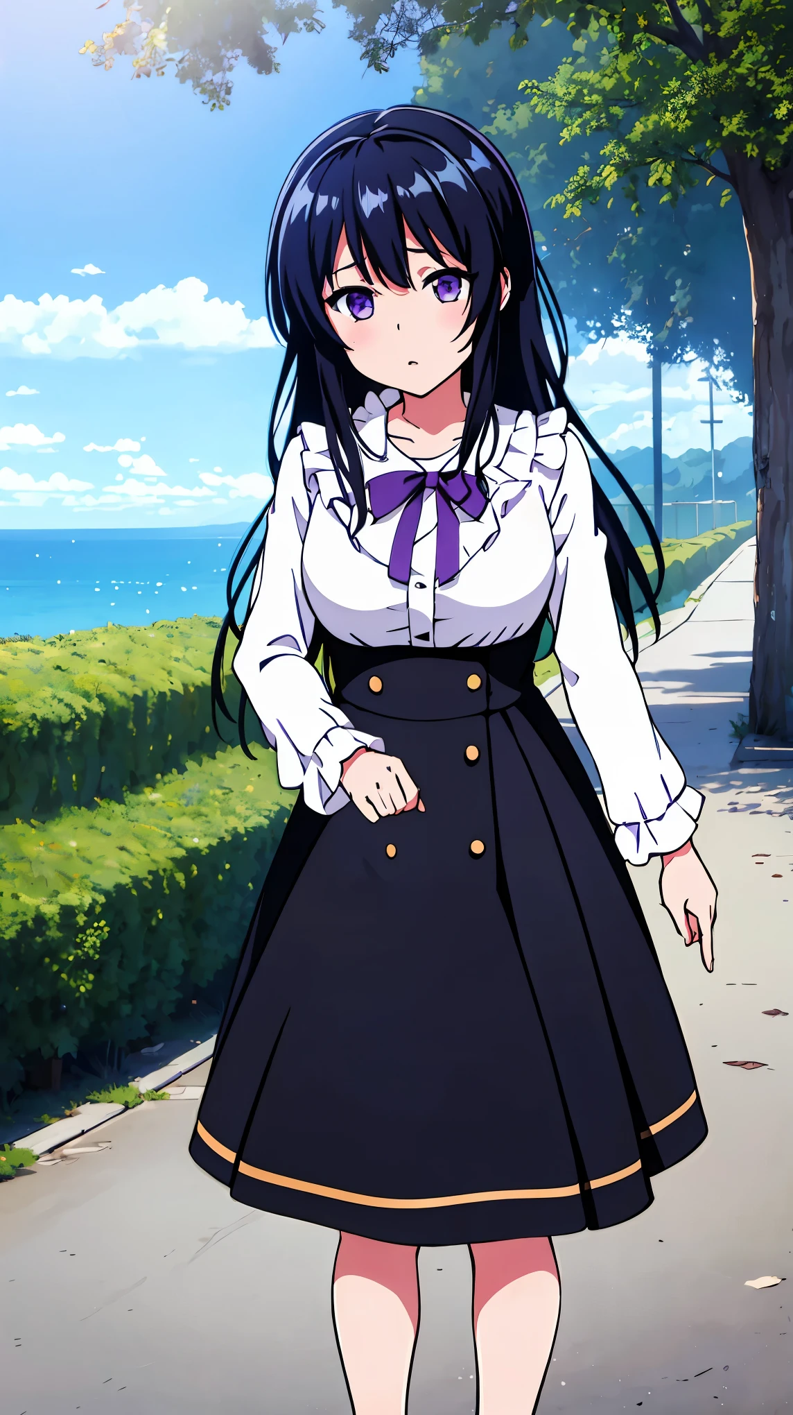 ((masterpiece, best quality)),very detailed, simple eyes,outdoors,1girl,medium breasts,rinko shirokane, black_skirt, casual , breasts, frills, long_hair, long_sleeves, looking_at_viewer, purple_eyes,long  skirt,black skirt