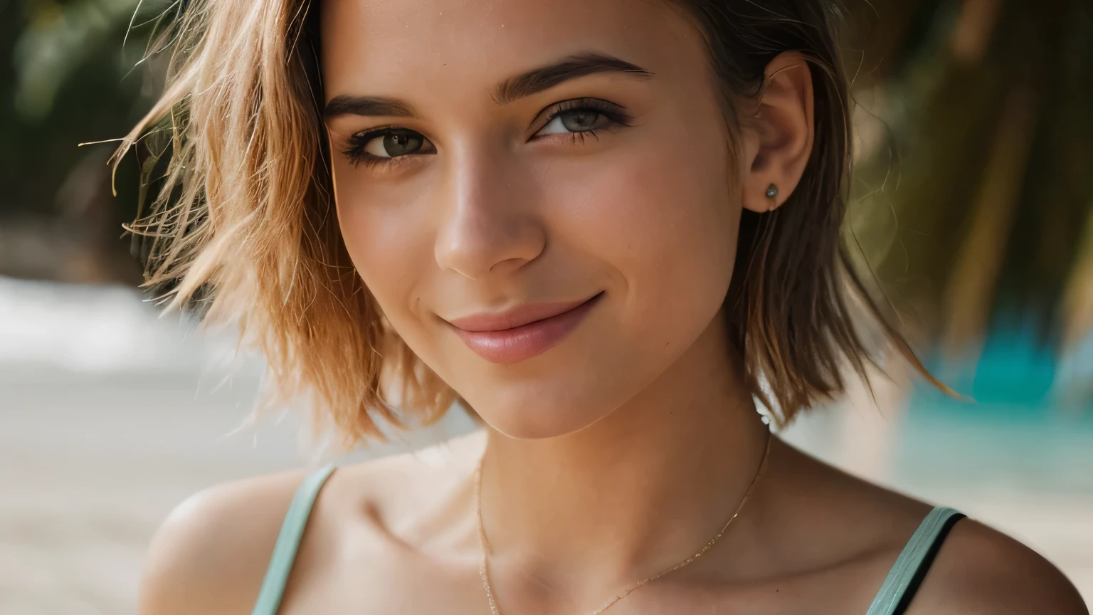 close-up shot of face, spoon, (Small bandeau bikini), Soft big, smile, beautiful european model, tropical beach, sunlight, 1 beautiful faceを持つ女の子, Photographer 1.4), (full body portrait: 1.4),Raw UHD Portrait Photography, be familiar with (texture!, hair!, shine, color!!, defect: 1.1), highly be familiar with glowing eyes, specular light, Digital single-lens reflex camera, extreme quality, sharp focus, sharp, degrees of freedom, film grain, (Centered), Fujifilm XT3, crystal clear, center of frame, beautiful face, sharp focus, Bokeh, discreet key, intricate eye details, short hair