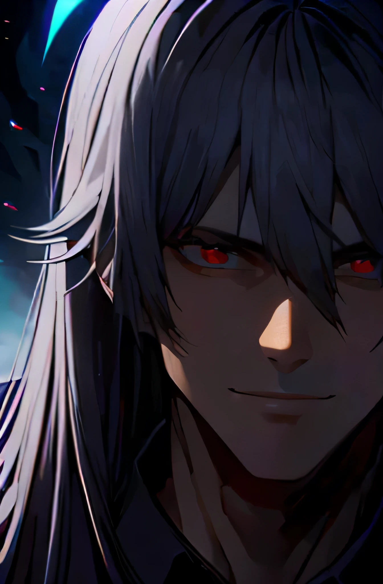 (absurd, high resolution, ultra detailed), 1 man, adult, handsome, tall muscular guy, broad shoulders, finely detailed eyes and detailed face, very long black hair, red eyes, handsome, fantasy, sunlight, light fantastic and shadow, scenery, portrait, white cloak, ((arrogante smile)), smile: 1,7, staring at the spectator, demonic halo, ((eyes extreme detail))