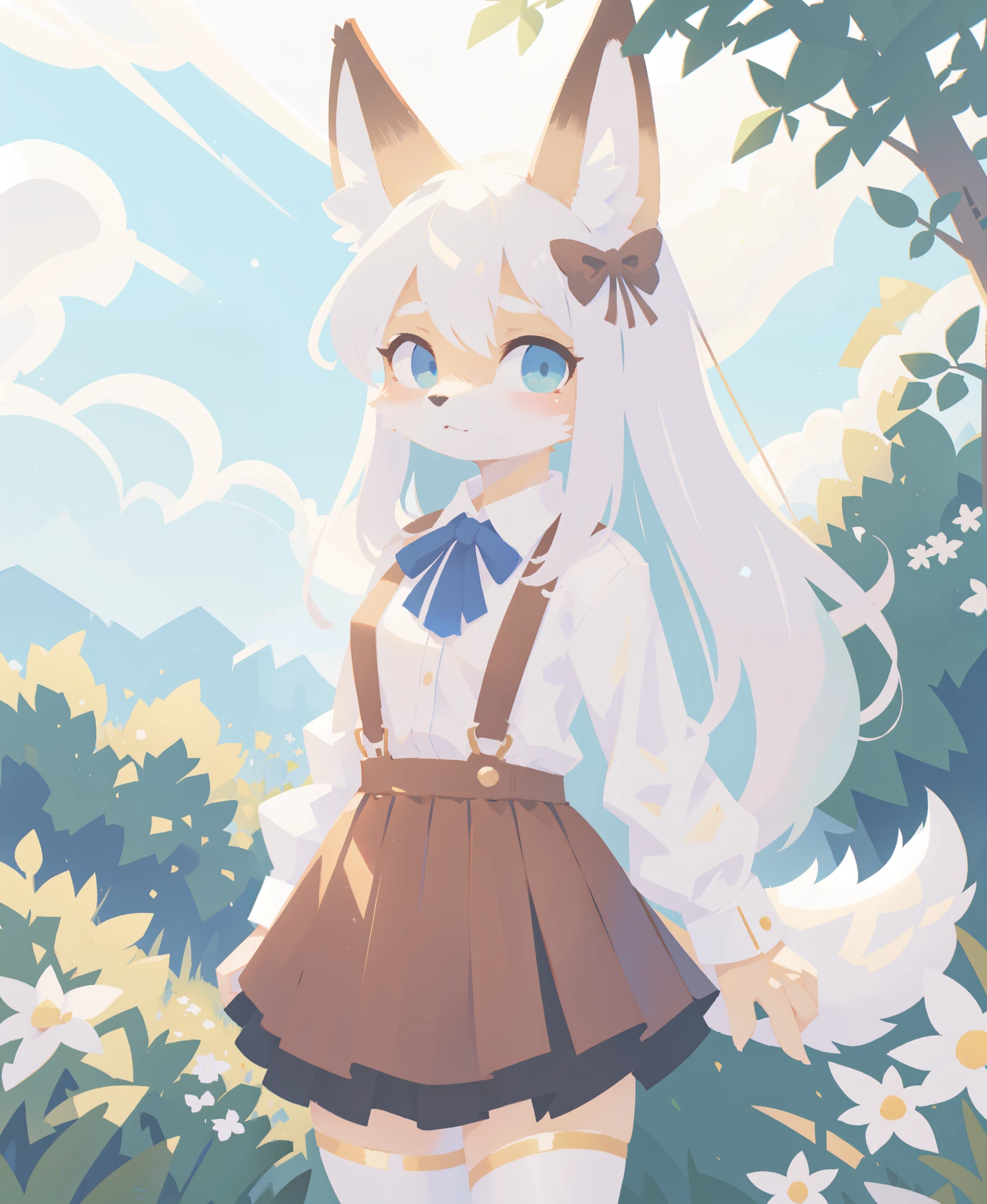 garden, flowers, plants, white shirt, bow, suspender skirt, anthro fox girl, fox tail, blue eyes, long hair, blue sky, white hair, looking at viewer, (white background:1.3), (best quality, masterpiece, illustration, ultra-detailed:1.3), (uploaded on e621, furry, anthro, kemono:1.3)