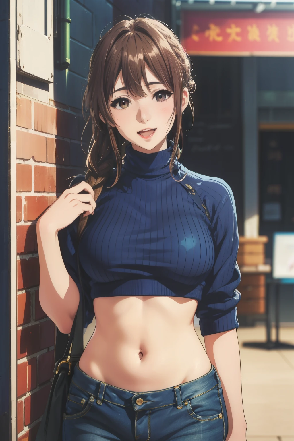 (1girl,masterpiece, highest quality, highest quality,beautiful and aesthetic:1.2,professional illustration:1.1,ultra detail:1.3, official art, professional illustration, Super detailed depiction, Super precise depiction, Highly detailed 8K illustrations, High resolution,perfect anatomy, perfect face, perfect hands、smile、big breasts )、real stick、brown hair、long ponytail、open your mouth and laugh、cropped sweater, belly button, sweater blur background、jeans