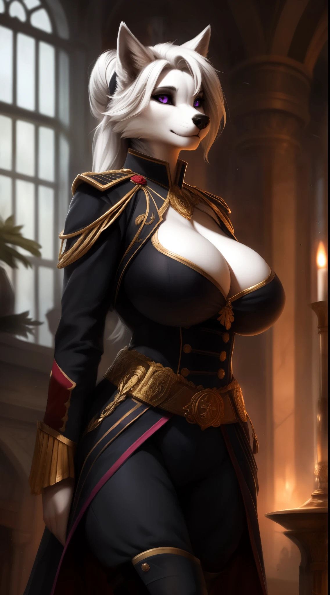 Draft Sketch ((nsfw)), uploaded the e621, beautiful and detailed, woman (((female))) ((anthro)) wolf, by Bayard Wu, by Thomas Benjamin Kennington, by Einshelm, lighting cinematic, seductor, wolf, (huge chest), 1girls ai_generated masterpiece:1.2, best quality, realistic, (real picture, intricate details, depth of field), beautiful grey woman, purple eyes, ((black sclera)), highly-detailed, perfect face, (huge breasts:1.3), (skindentation), thick thighs, wide hips, hourglass figure, small waist, tall, (huge ass:1.1), (two-toned body), ((dark grey fur)), (((black stripes on body))), sexy, high ponytail hair, white hair, ((napoleonic uniform)), ((military portrait)), ((nobility))