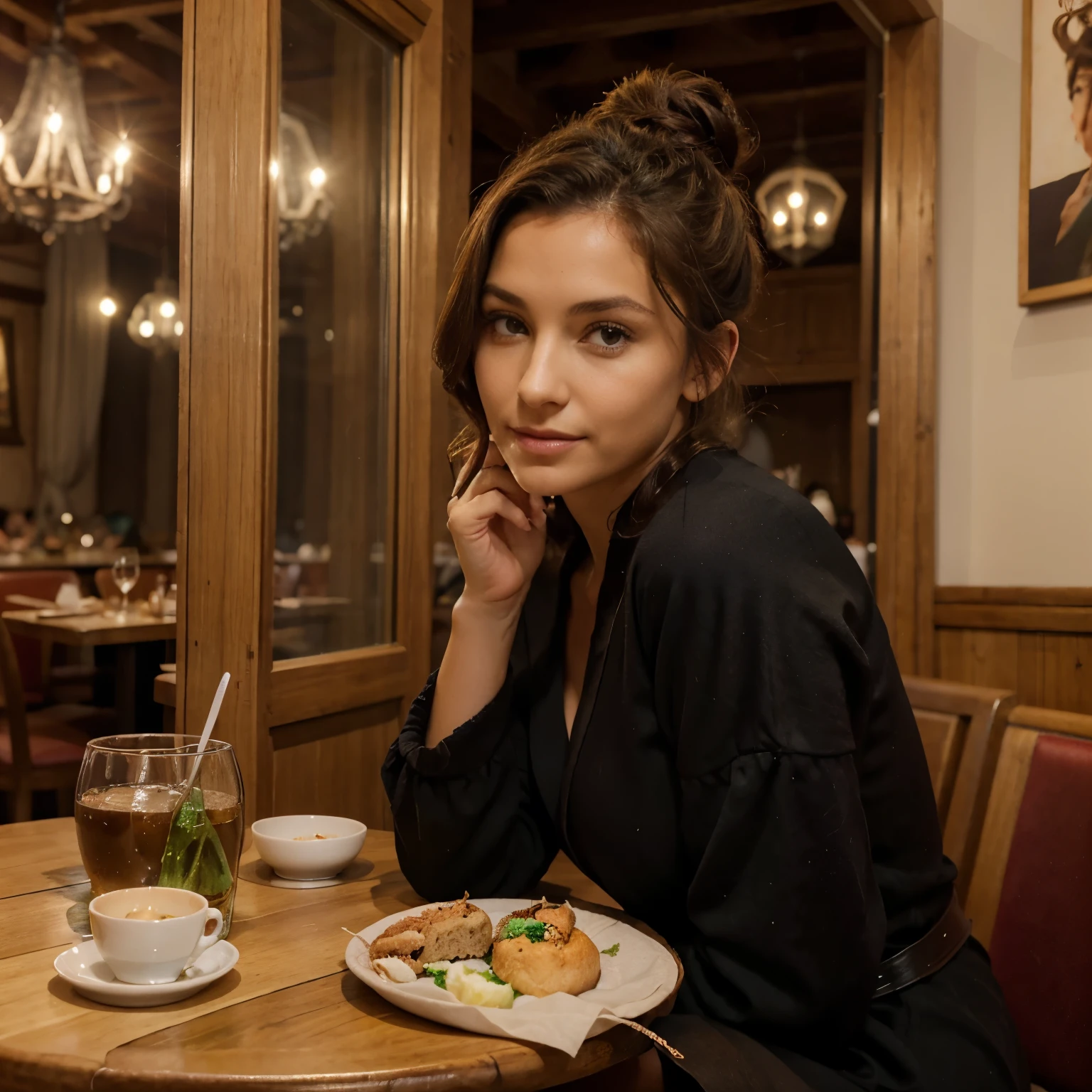 femme de 30 ans brune, qui souris avec les dents, la peau un peu mate, avec des cheveux noir, un chignon, les yeux marrons/vert, le visage fin, mince et classe avec une robe longue verte moulante assise à une table de restaurant de luxe à Courchevel, avec le plat du diner avec des porte vitrées derrière qui regarde en face.