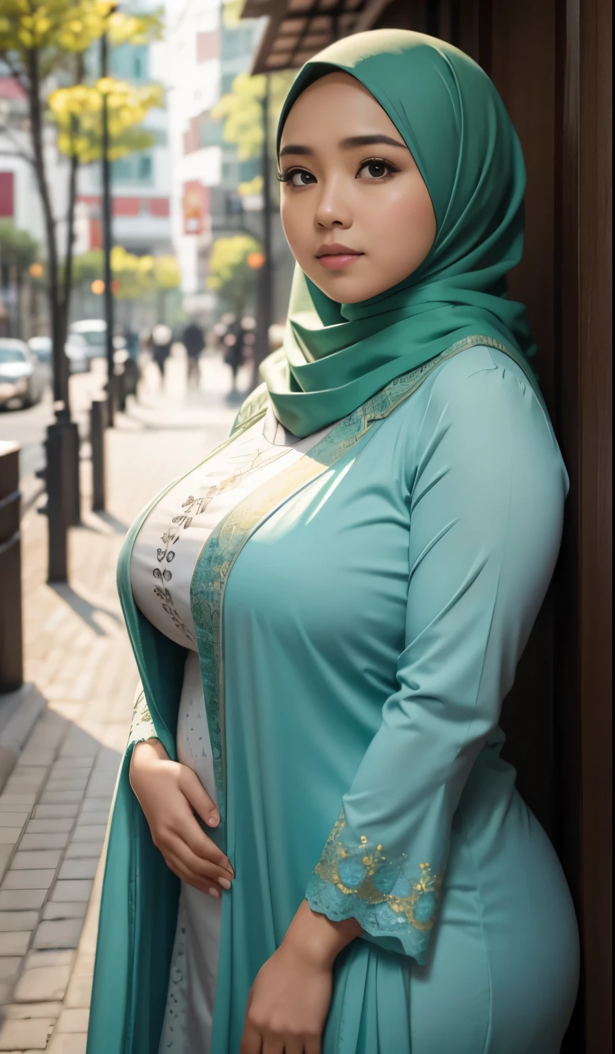 1 malay girl, modern plain hijab, shy, medium portrait, watery eyes, wearing pastel green kebaya, ((big breasts)), black bokeh background, well-proportioned body,, chubby massive thighs, full body pose