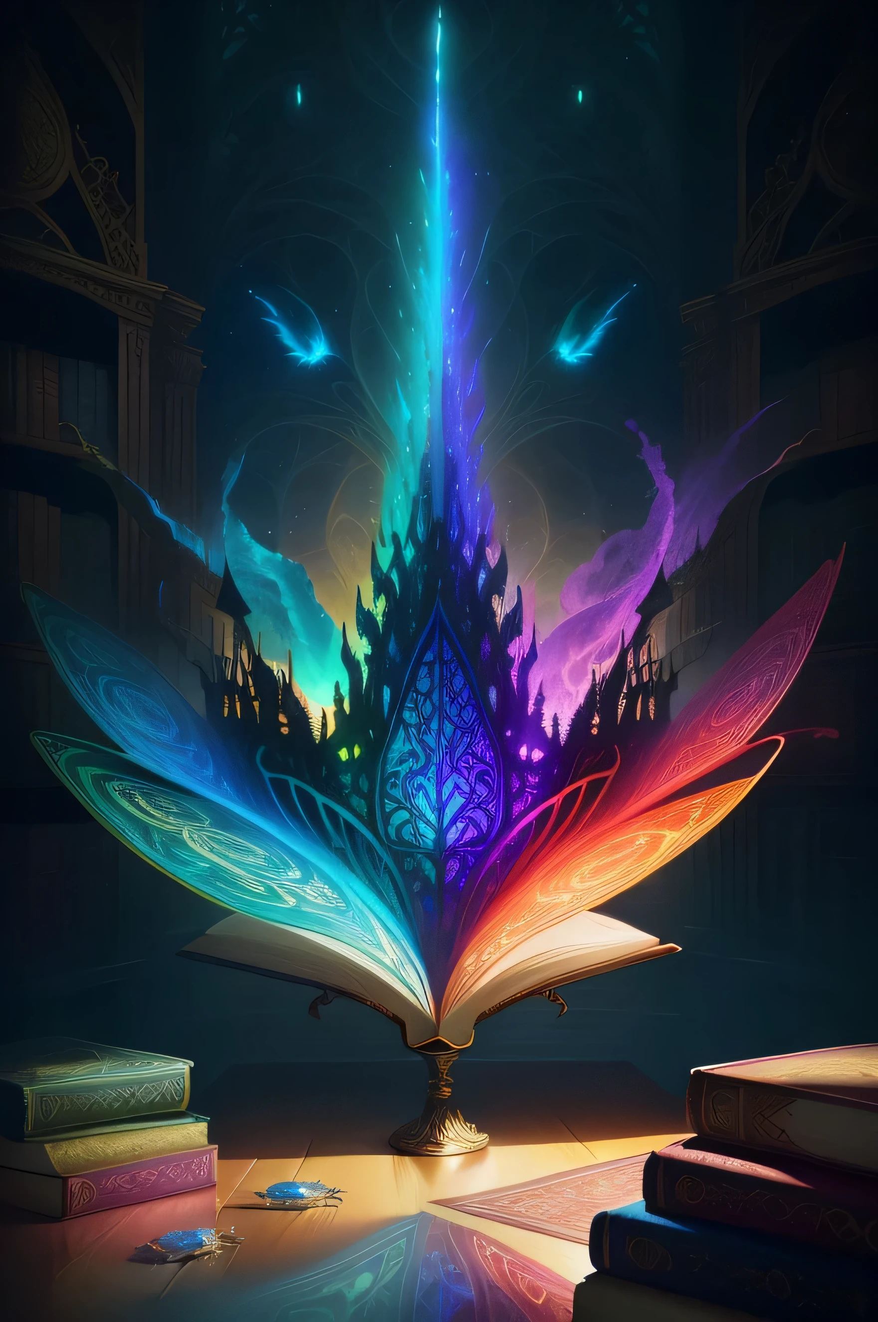 In the heart of a mystical land, surrounded by a realistic and lush fantasy world background, stands a magic bookshelf bursting with life. The books on the shelf come to life in stunning 4K high definition, their pages fluttering and flying around in a mesmerizing dance. This magical scene exudes a sense of high-quality detail, where the vibrant colors and intricate designs of the book covers come together to create an otherworldly spectacle. The books themselves seem to possess an enchanting aura, as if they hold the secrets to untold wonders and mysterious powers within their pages. A truly captivating sight for the imagination to behold.