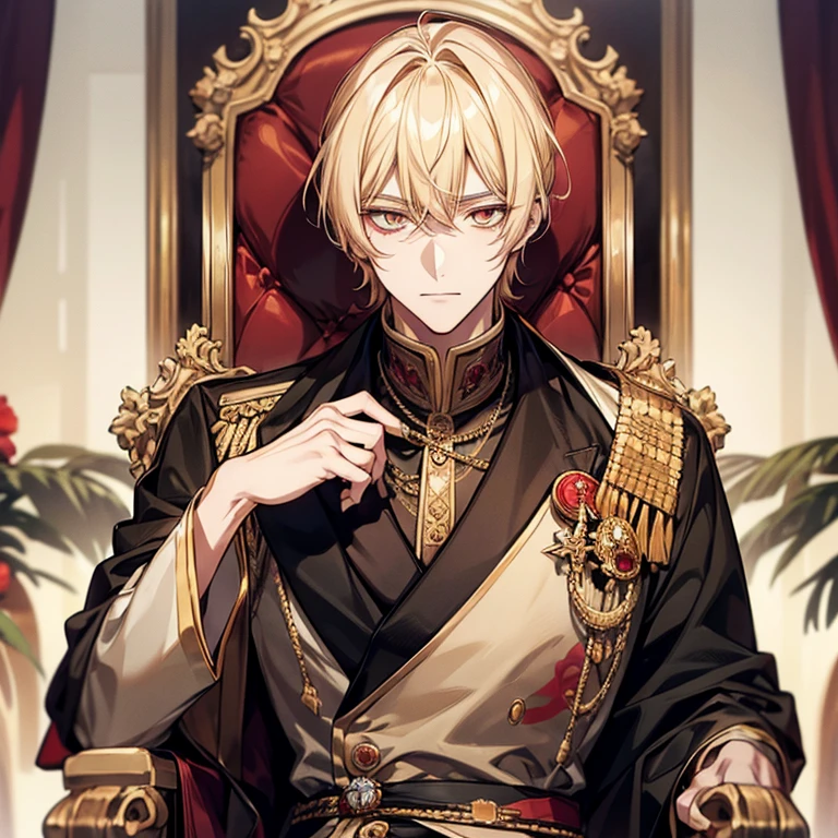 short blond anime man sitting on a chair,Only the nape is long,Bangs Center Part,Golden Eyes,光るGolden Eyes,black and red royal clothes,Blonde madman