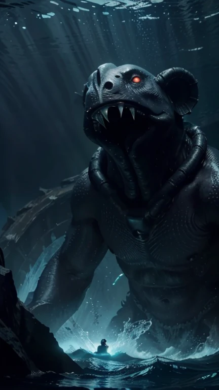 Deep in the oceanic depths, where sunlight never dares to venture, resides a colossal aquatic monster, a relic of forgotten times. Its dark and sinuous silhouette looms in the abyssal darkness, its luminescent eyes emitting a mysterious glow that pierces the darkness. The waving tentacles of this titanic creature extend like twisted branches, ready to capture any intruder who dares to enter his kingdom., His scaly skin, d'un bleu profond et iridescent, reflects the faint glow of bioluminescent organisms that inhabit the abyss. The membranous fins quiver delicately, propelling the monster through the sea currents with disconcerting grace despite its monstrous size. His sharp fangs, revealed with each opening of its gaping mouth, bear witness to the merciless predator that lurks in the depths., When he emits his guttural roar, sound waves travel through water, creating a system
