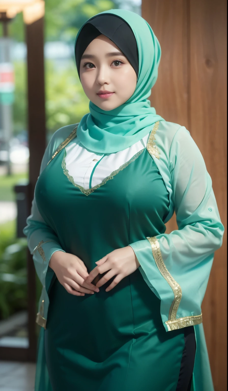 1 malay girl, modern plain hijab, shy, medium portrait, watery eyes, wearing pastel green kebaya, ((big breasts)), black bokeh background, well-proportioned body,, chubby massive thighs, full body pose