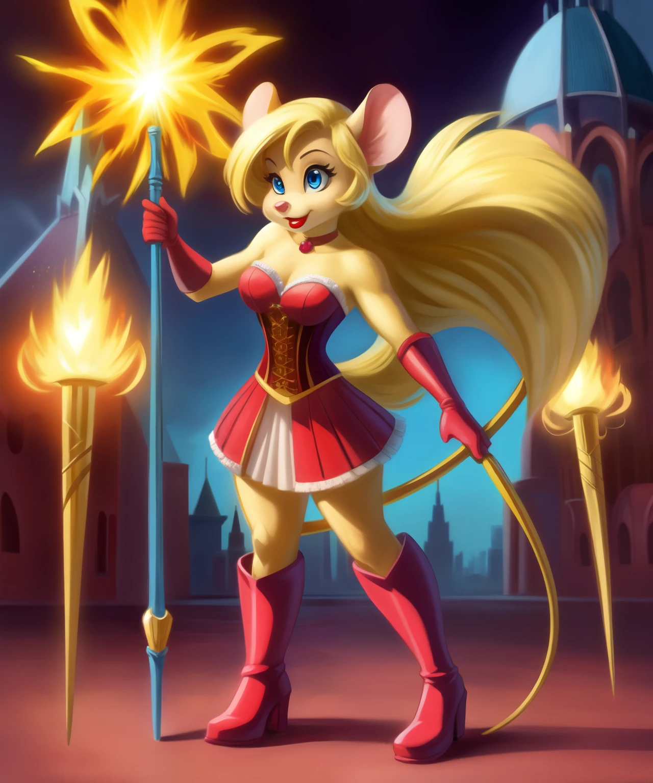 Toronto the female mouse, blonde fur, golden hair, scarlet corset with stuffing, red lipstick, blue eyes, blue eyeshadows, pink boots, pink long gloves, holding a golden staff that uses electric energy, Disney cartoon, concept art, full body