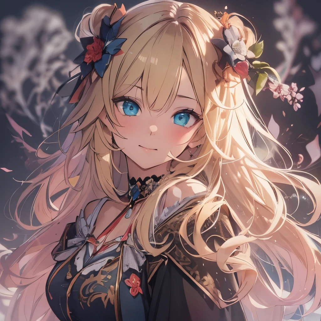 (masterpiece), 8k cg, stunningly beautiful girl, intricate details, chromatic aberration, ((bust shot)), ((looking at viewer)), 1girl, Akai Haato, (long wavy hair, (blonde hair)),extremely beautiful and delicate portrait, ************, cute face, wide smile, joyful, soft cheeks, blush, makeup, absurdres, cinematic lighting, dynamic lighting, fantasy, ((dark background, fog))