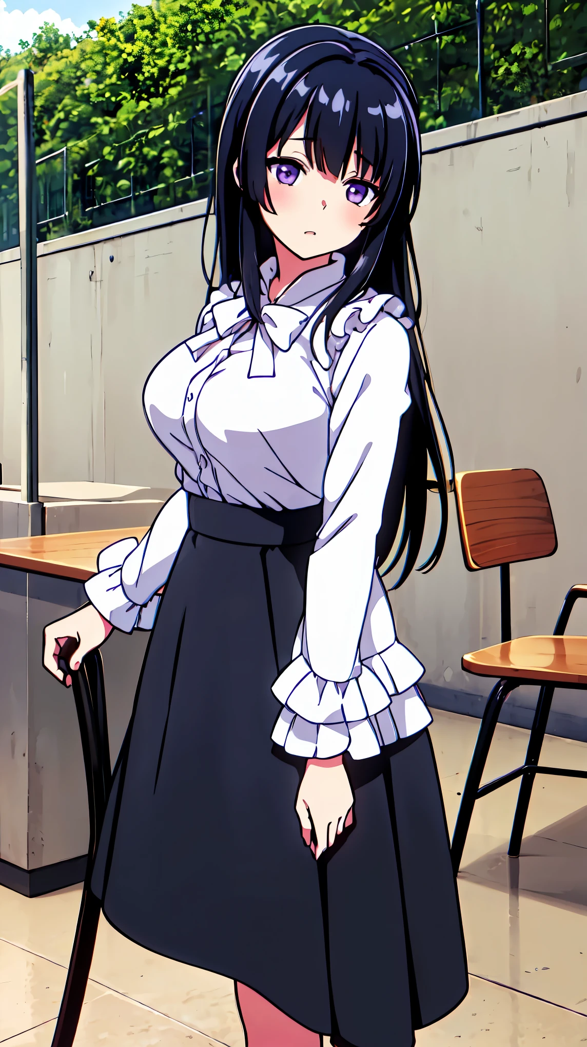 ((masterpiece, best quality)),very detailed, simple eyes,outdoors,1girl,medium breasts,rinko shirokane, black_skirt, casual , breasts, frills, long_hair, long_sleeves, looking_at_viewer, purple_eyes,long  skirt,black skirt، ((set on chair)),