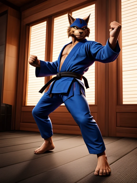 Barefoot Jason Clawson is doing a kick with his leg, wearing black karate kimono with red belt, red Headband bandana, long pants with heel grip, long karate kimono pants, training karate in gym, green glow in his eyes, brainwashed look. high resolution, anatomically correct, evening sky outside the window, swat kats character, martial art pose, heroic muay thai stance pose, fighting stance, kung-fu stance, high kick karate pose, full body action pose, black kimono, black long pants, nice big fett paws with claws