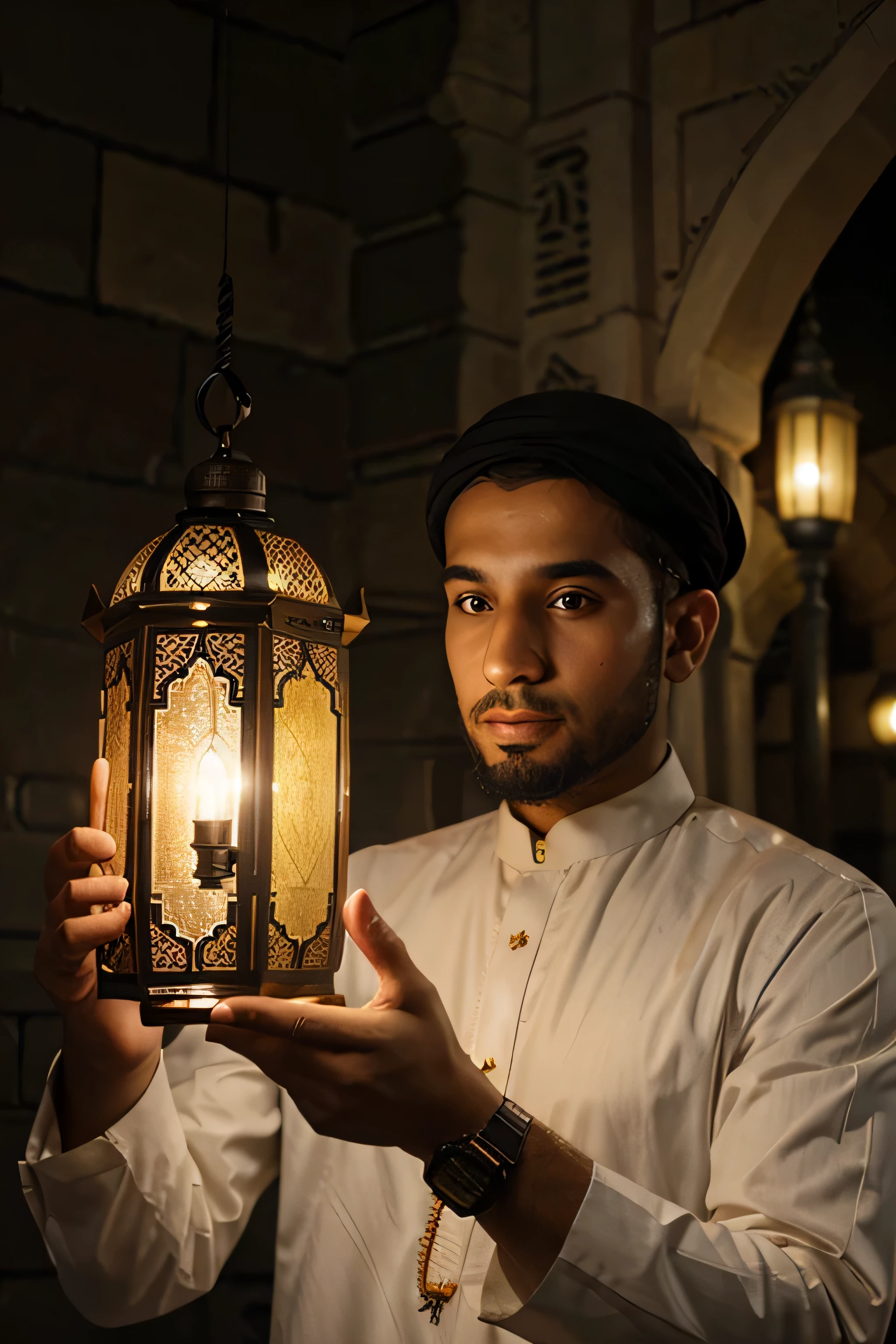 Muslim man holding arabic lantern, Ramadan kareem background