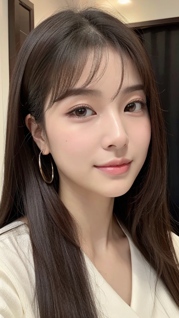 um close up de uma mulher tirando uma selfie com um celular, Ulzzang, young lovely korean face, fotografia selfie 8k, adorable and pale korean face, Lalisa Manobal, parque roseanne de blackpink, coreana, Lalisa Manoban do Blackpink, tzuyu de duas vezes, maquiagem coreana popular, maquiagem sul-coreana popular, jossi do blackpink, com franja, franjinha, franja, cabelo preto