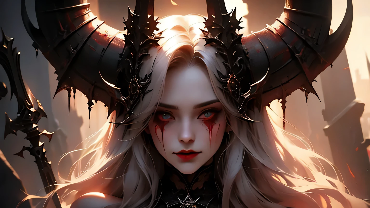 a close up of a woman with horns and blood on her face, dark fantasy style art, beautiful elegant queen, gothic fantasy art, beautiful vampire queen, dark fantasy art, 4k fantasy art, epic fantasy art style hd, beautiful vampire female queen, epic fantasy art style, , dark fantasy artwork, fantasy art style, white horns queen