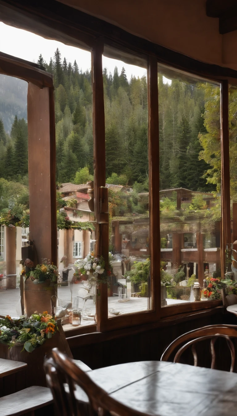 femme de 30 ans brune, qui souris avec les dents, la peau un peu mate, avec des cheveux noir, un chignon, les yeux marrons/vert, le visage fin, mince et classe avec une robe longue verte moulante assise à une table de restaurant de luxe à Courchevel, avec le plat du diner avec des porte vitrées derrière qui regarde en face.