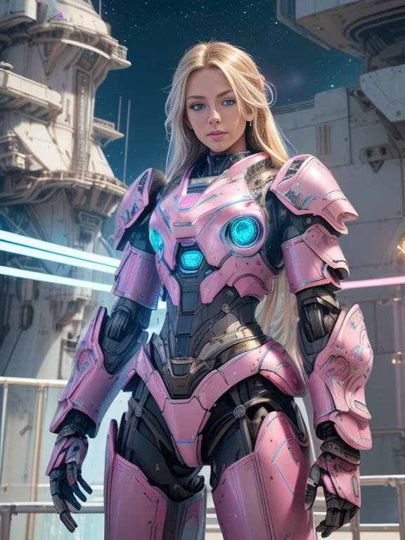 Photorealistic Image ((Masterpiece)), ((High Quality)) UHD 8K, of a Beautiful, Realistic Slim Lights Transforming Robot, (Medium Chest), (Skinny Waist), (Long Blonde Hair), (Blue Eyes)), ((Hyper-realistic mecha armor, with pink metal and intricate ice blue lights)), (in combat position, on a futuristic ship, science fiction)