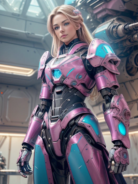 Photorealistic Image ((Masterpiece)), ((High Quality)) UHD 8K, of a Beautiful, Realistic Slim Lights Transforming Robot, (Medium Chest), (Skinny Waist), (Long Blonde Hair), (Blue Eyes)), ((Hyper-realistic mecha armor, with pink metal and intricate ice blue lights)), (in combat position, on a futuristic ship, science fiction)