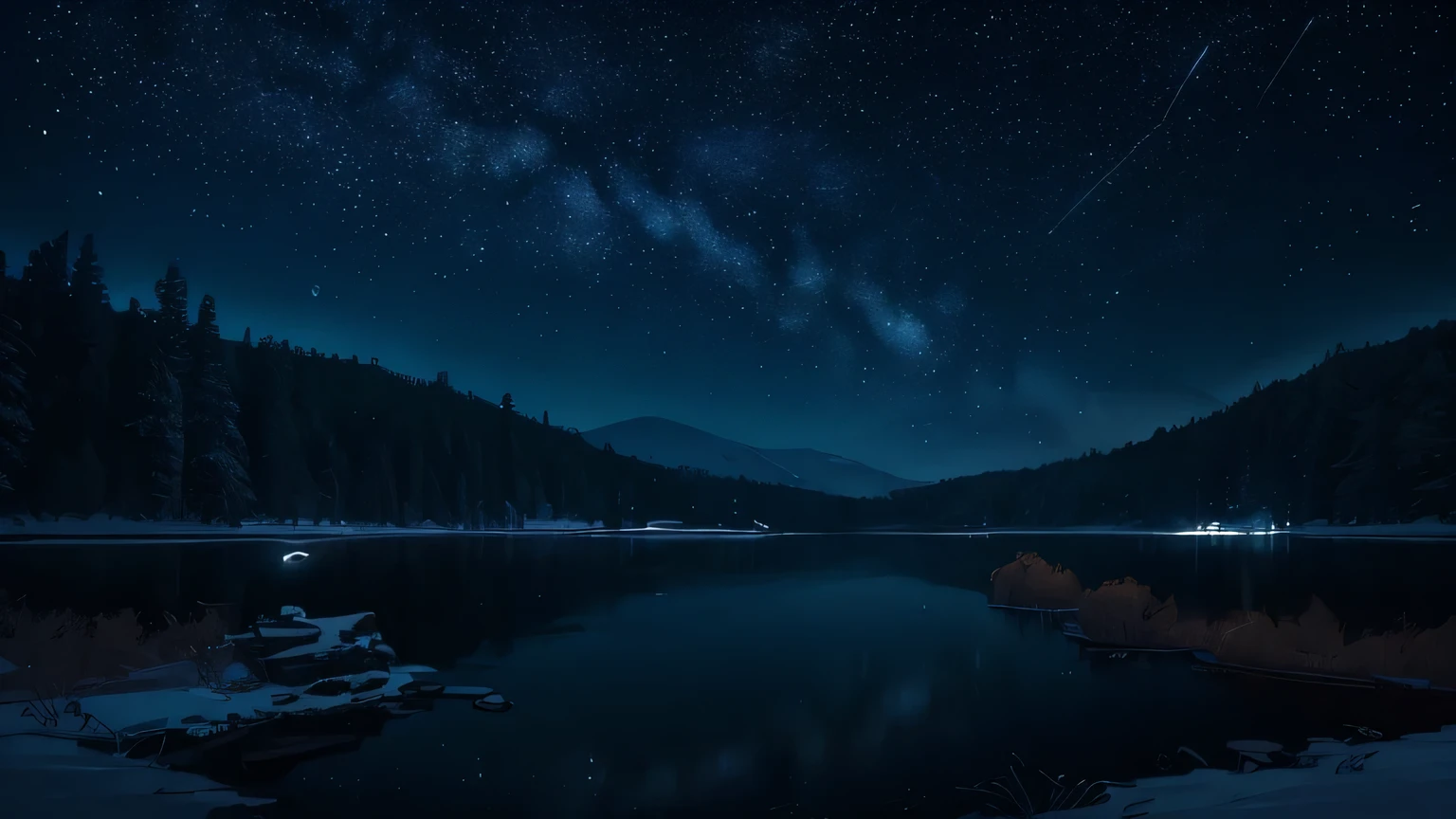 illustration, cartoon, soothing tones, calm colors, beautiful landscape, forest, lake, dark night, nabula, starry sky, shooting stars, 8k, best quality, by ilya kuvshinov, by makoto shinkai