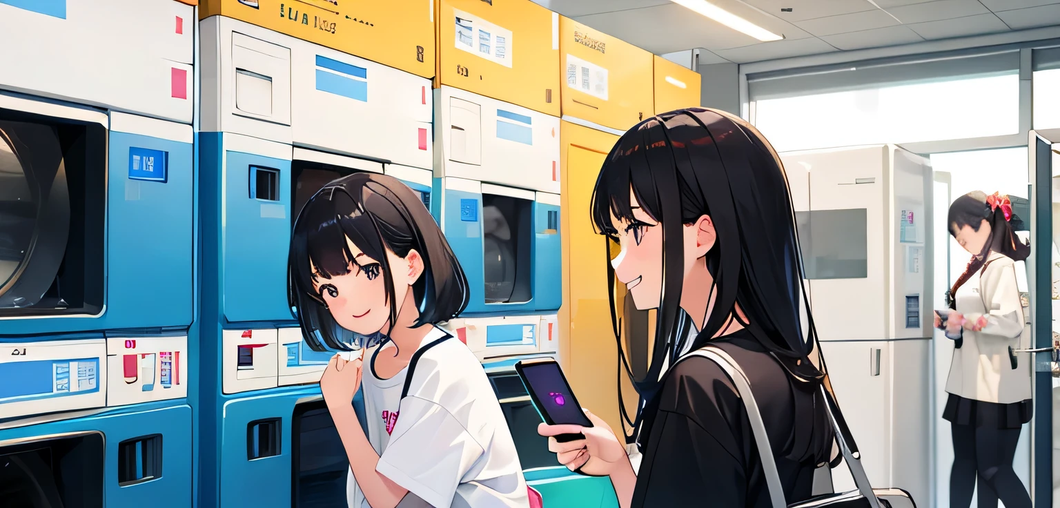2girl, smiling, casual clothes, 1girl playing with phone, laundry background