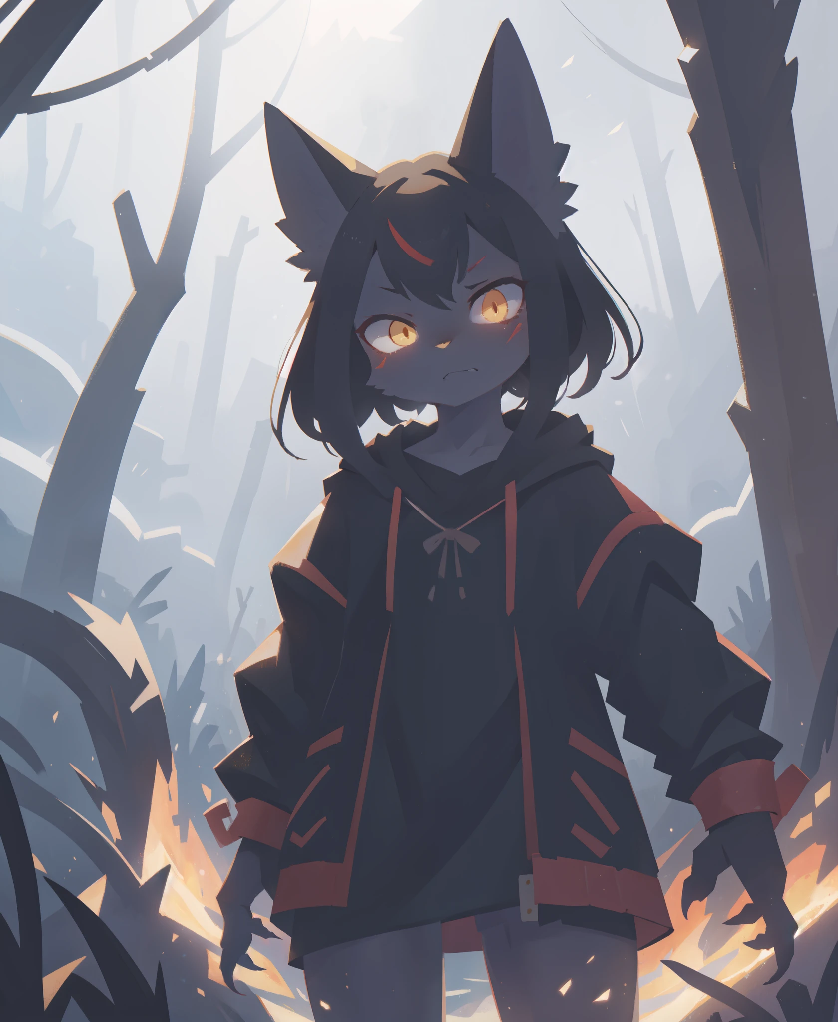 anime style, human, 1girl, cat girl, (black hair), (golden eyes), cat ears, cat tail, dark forest setting, detailed background, (grimdark atmosphere), knight armor, (sinister looking), (sharp claws), (intense expression), masterpiece, (by ryohei hase), (by hews hack), (by tinkle), anime absurdres illustration, drawing, (lineart:0.6), (superflat, flat shading, flat colors:1.1), (vibrant colors:1.1)