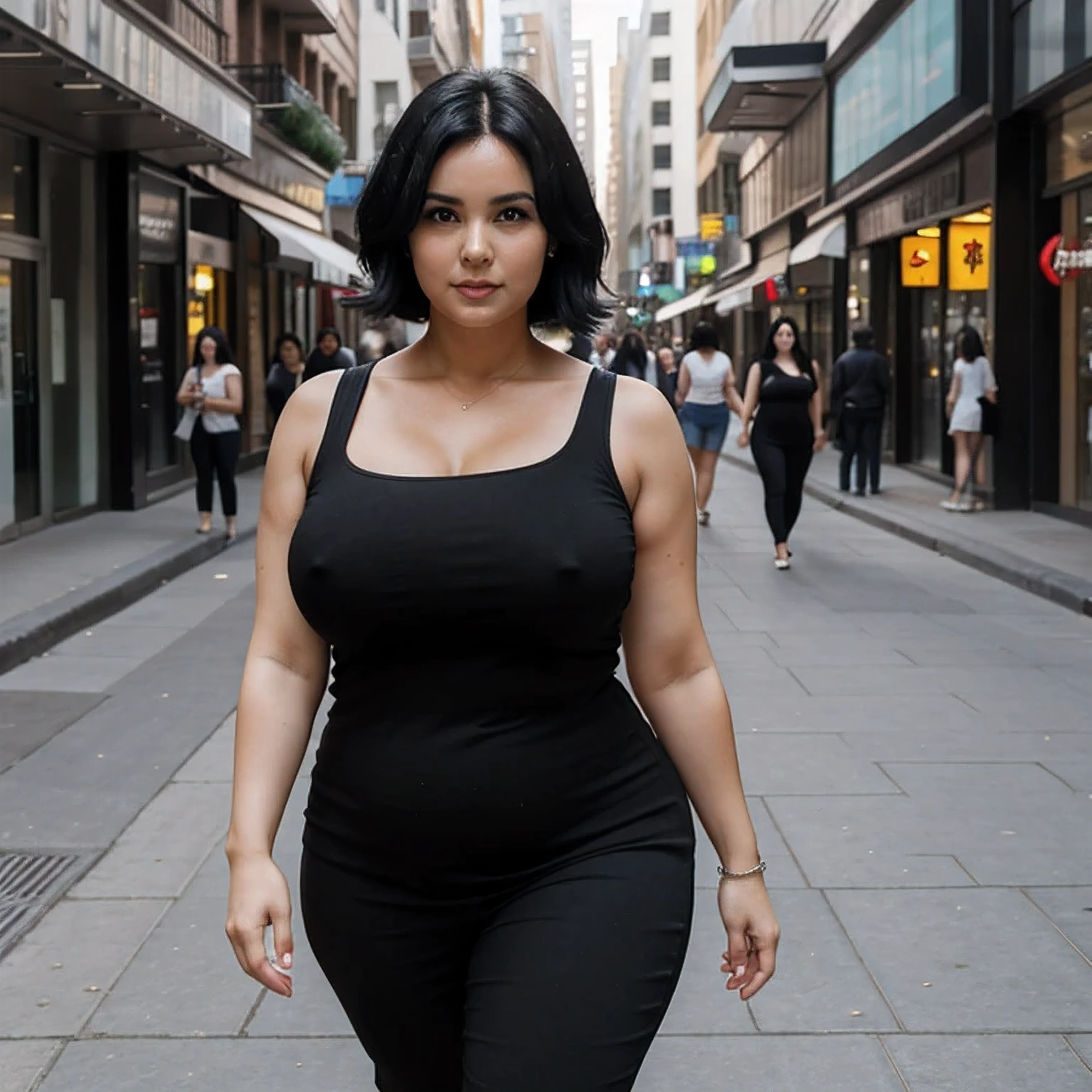 mommy body, plump shape, 35-years-old woman, black hair shoulder-lenght, walking down the city, highly detailed
