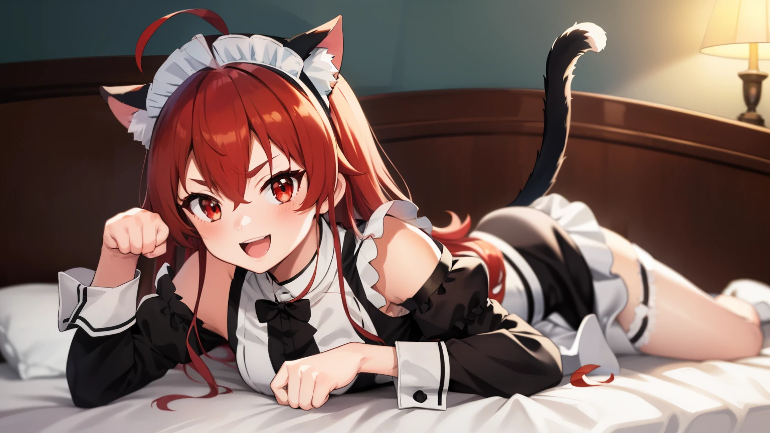 masterpiece, highest quality, 8K, 超High resolution, highest quality, anime style, best writing, beautiful face, Eris Greyrat, (1 girl:1.3), alone, Ahoge, bangs, bare shoulders, open your mouth, Cat ear, (Maid clothes:1.3), (maid costume:1.3), hair between eyes, long hair, long sleeve, looking at the viewer, red eyes, redhead, shoulder cutout, ruffle skirt, alone, High resolution, harm, mushoku tensei, (paw pose:1.3), cat tail, smile, (lie down on the bed:1.3), 