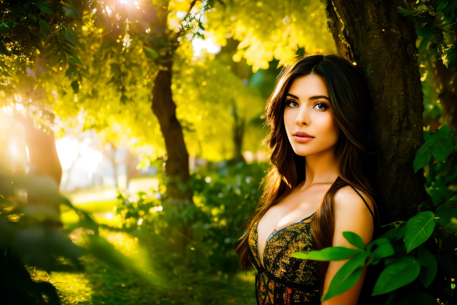 Generate a hyper-realistic image that employs the shallow depth of field technique to highlight a hot young elf in an enchanted forest. The elf should be the focal point, with crisp sharpness, while the background of the enchanted forest should be softly blurred to create a bokeh effect. In the foreground, (((magical tree leaves should be visible but blurred))), adding depth to the composition. Sony Alpha A7R III, macros lens , f/5.6. Cinematic Lighting