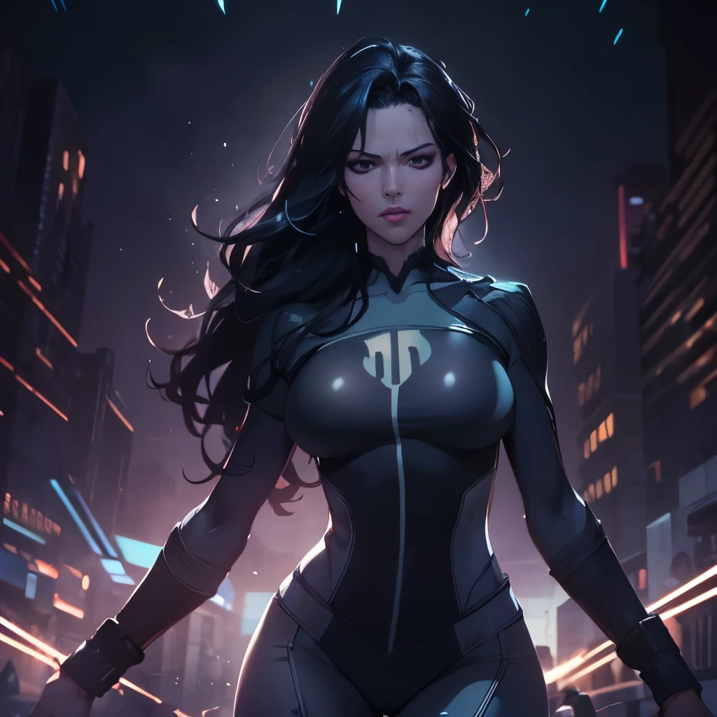 (masterpiece), 8k cg, stunningly beautiful girl, intricate details, chromatic aberration, ((bust shot)), ((looking at viewer)), 1girl, Anissa, (long wavy hair, (black hair)), Strong Face, Body Suit, Tight Suit, absurdres, cinematic lighting, dynamic lighting, fantasy, ((dark background, fog))