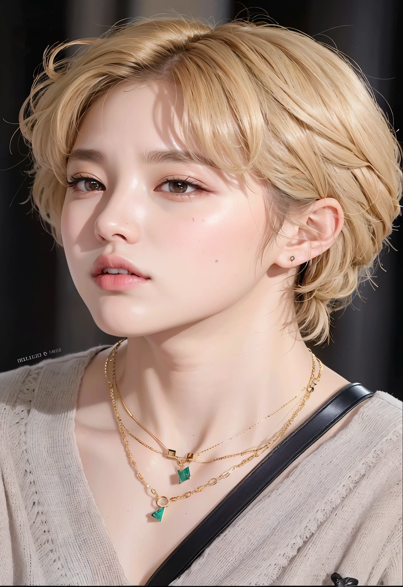 un primer plano de una persona con un collar y un collar, cai xukun, hyung tae, pale korean adorable face, todos del grupo nct, Con pelo corto, Jung Jaehyun, taken in the early 2020s, TaeJune Kim, imagen filtrada, marca lee, janice cantado, jia, kpop idol portrait, Jinyoung Shin, con el mismo peinado