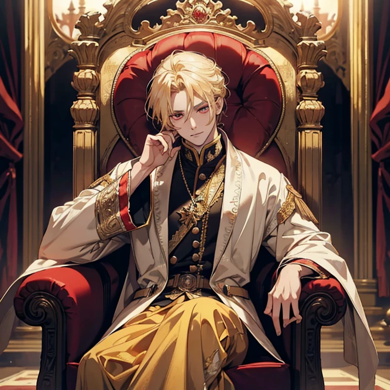 blonde,Golden Eyes,The prince sits on a grand throne inside a ruined palace. The prince sits on a grand throne inside a ruined palace, 1 boy, blonde hair, blue eyes, 20-year-old, cold face, laugh a little, and is covered by a dusty cloth. The protagonist is wearing royal clothing, with determined expressions on their faces, When he stares at the horizon with shining red eyes, masterpiece, highest quality, super detailed, figure, Concept art in 8K resolution, fantasy art, magnificent art, concept art wallpaper 4k, Deep colors, Natural light