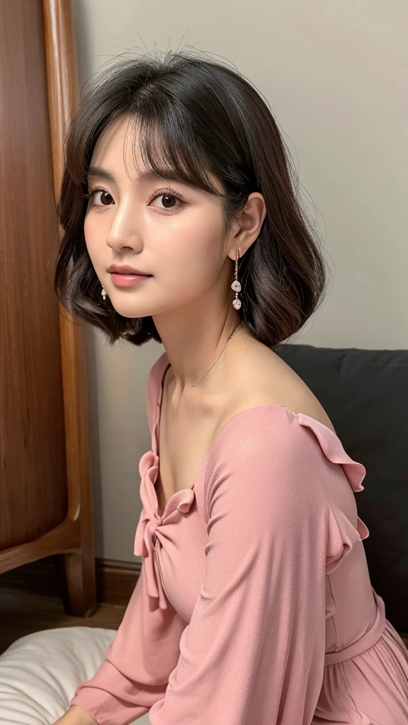 ((masterpiece:1.4, highest quality)), ((masterpiece, highest quality)), (photo-realistic:1.4), professional lighting, highly detailed eyes and face, Beautiful eyes in every detail, (beautiful japanese girl:1.05), face focus, From the back、medium hair、long bob、1 girl、Don't look at the camera、profile、((Winter clothes))、necklace、(pastel clothing)、((brown hair))、Eye color is dark brown、correct hand of human body、earrings、white wall、Taken in front of the white door、(窓のあるwhite wallの部屋)