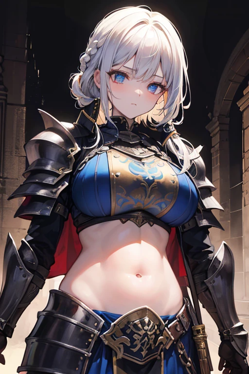 Striped hair, french braid, mismatched pupils, Chiaroscuro, illuminating, Gothic art, Best quality, Anatomically correct, High details,cavalier,holy paladin,Leather bandages,Metal chains, big ,(Armor),Heavy armor,Gorgeous armor, exposed belly, sword