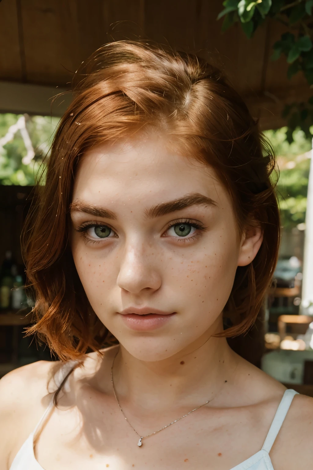 white girl with dark green eyes, and red hair, thick eyebrows, freckless, an innocent look