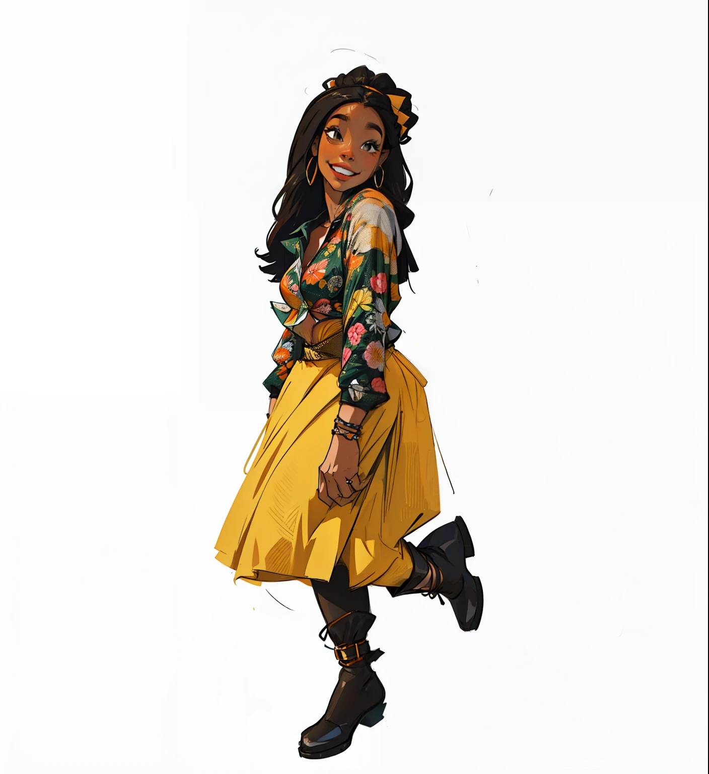 woman illustration, com saia amarela, camisa preta florida, black pants, e bota marrom bem destacada, sorrindo, estilo realista.