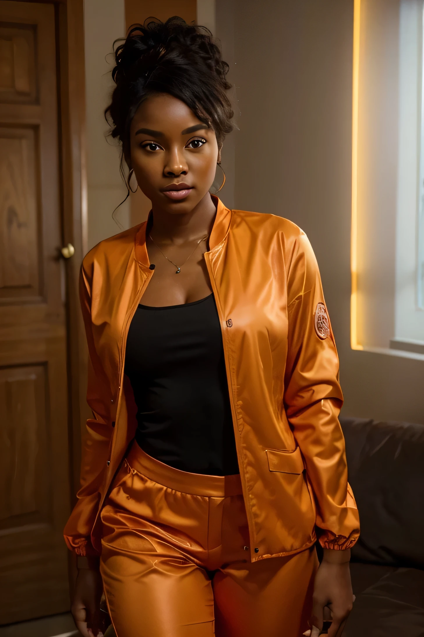 This young black woman presents a spellbinding charm on screen. She wears a costume orange jacket that combines elegance, looking straight forward dans une teinte de couleur distinctive qui attire l'attention. Her on-screen presence exudes a natural confidence and aura that sets him apart, This makes her a remarkable figure in the world of television. Avec des posture latterale