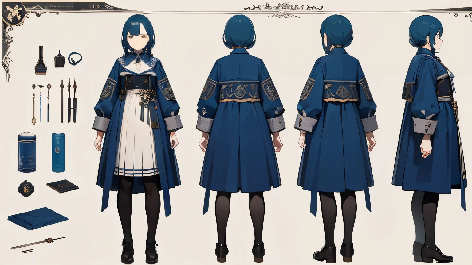 Masterpiece, best quality) detailed, character sheet, many items (**+ detailed item description**, many parts), **+ character description**, full of details.