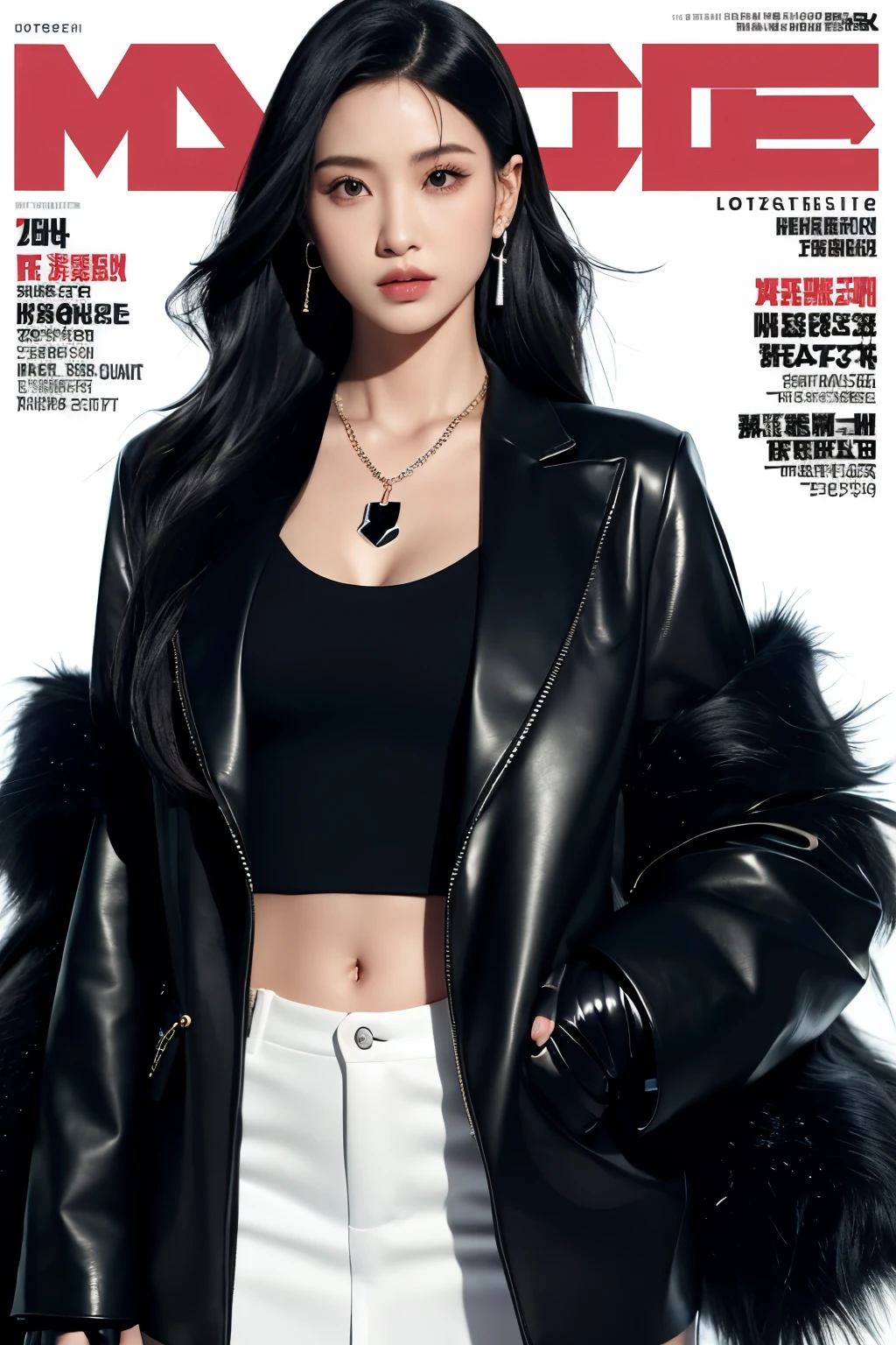 magazine scan,(magazine cover:1.2), cover text, text,( magatama necklace:1.1), wlop, 1girl, black gloves, black open jacket, character request, commentary, earrings, double v, jewelry, long hair, looking down, perfect flowing hair, solo,