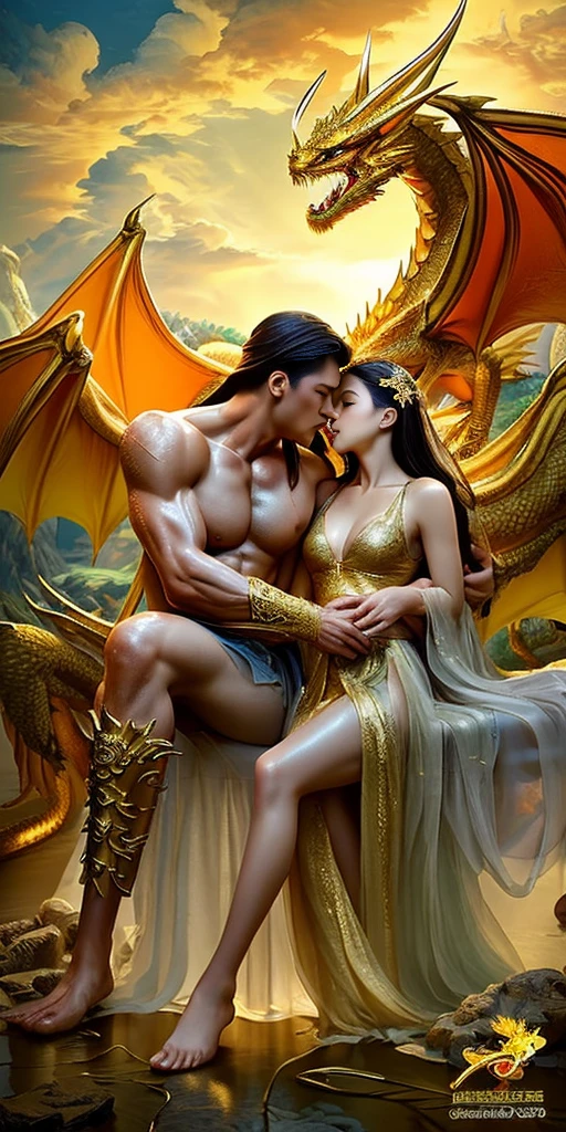 (cuddling couple) rough man Zeus muscular naked, beautiful, sexy, topless, cleavage, bare legs, see-through, standing, hanfu, wet, clear, realistic, dark details high, Chinese mythology, dragon pattern, phoenix, sacred, holy, golden mountain, heavenly palace, countless palaces, clouds, golden light, lying in bed, kissing