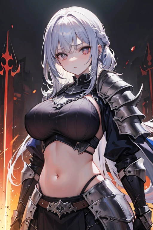 Striped hair, french braid, mismatched pupils, Chiaroscuro, illuminating, Gothic art, Best quality, Anatomically correct, High details，cavalier，holy paladin，Leather bandages，Metal chains, big tit，(Armor)，Heavy armor，Gorgeous armor,  exposed belly, sword