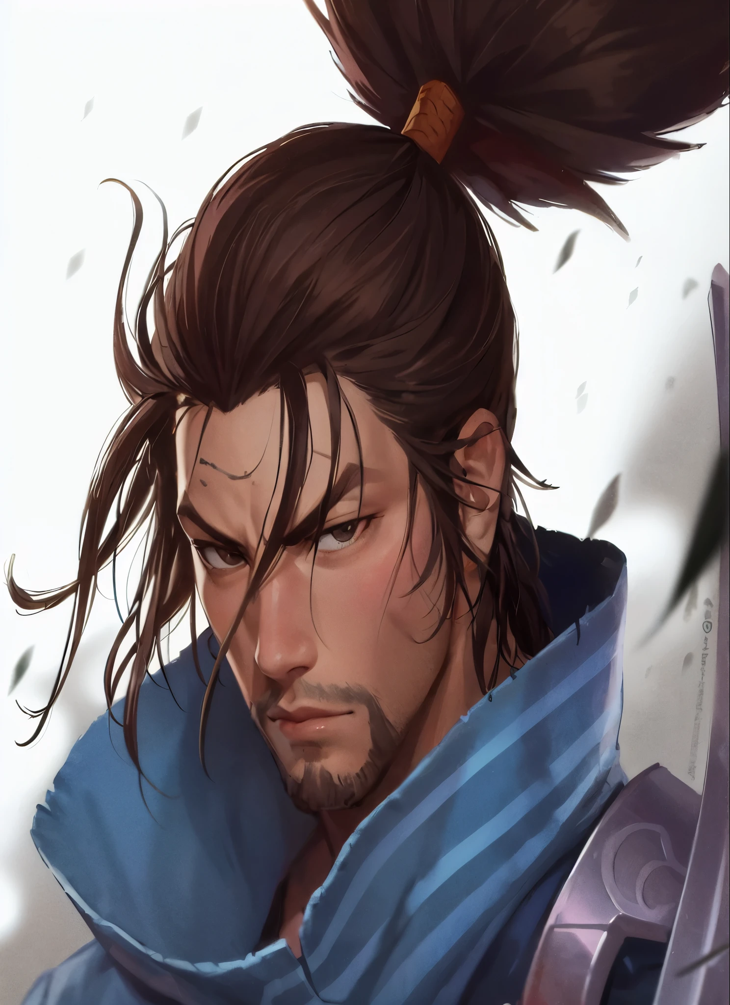 personagem de anime com cabelo comprido e rabo de cavalo segurando uma espada, Silas, Masamune Shiro, Hanzo de Overwatch, Estilo de arte G Liulian, masamune, sorriso malicioso, Retrato de Onmyoji, por Mestre Kanbun, Zhao Yun, por Kamagurka, retrato de arte de personagem, retrato de samurai, bian lian