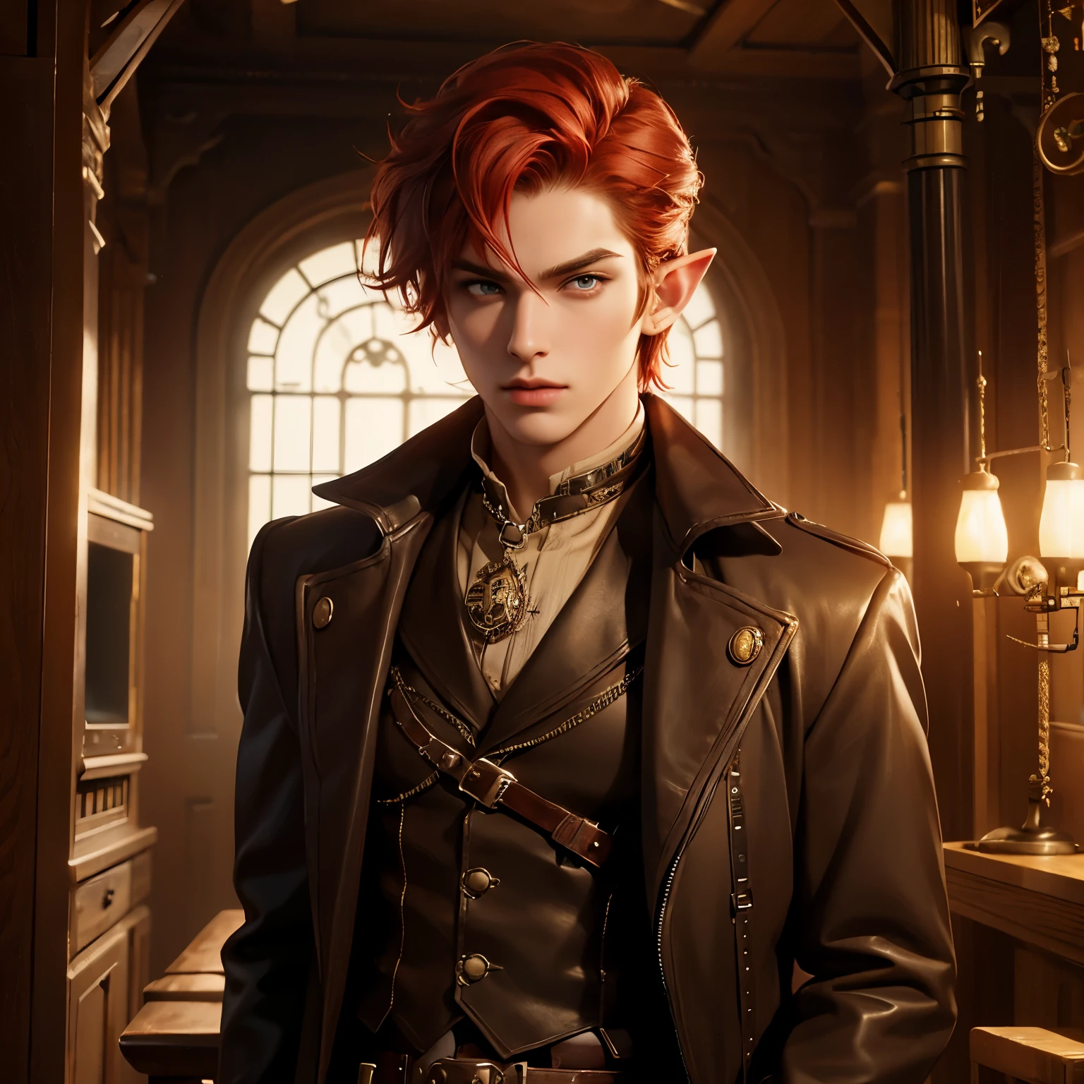 Man, male, young, short hair, red hair, brown eyes, steampunk scenery, steampunk, elf, elf ear