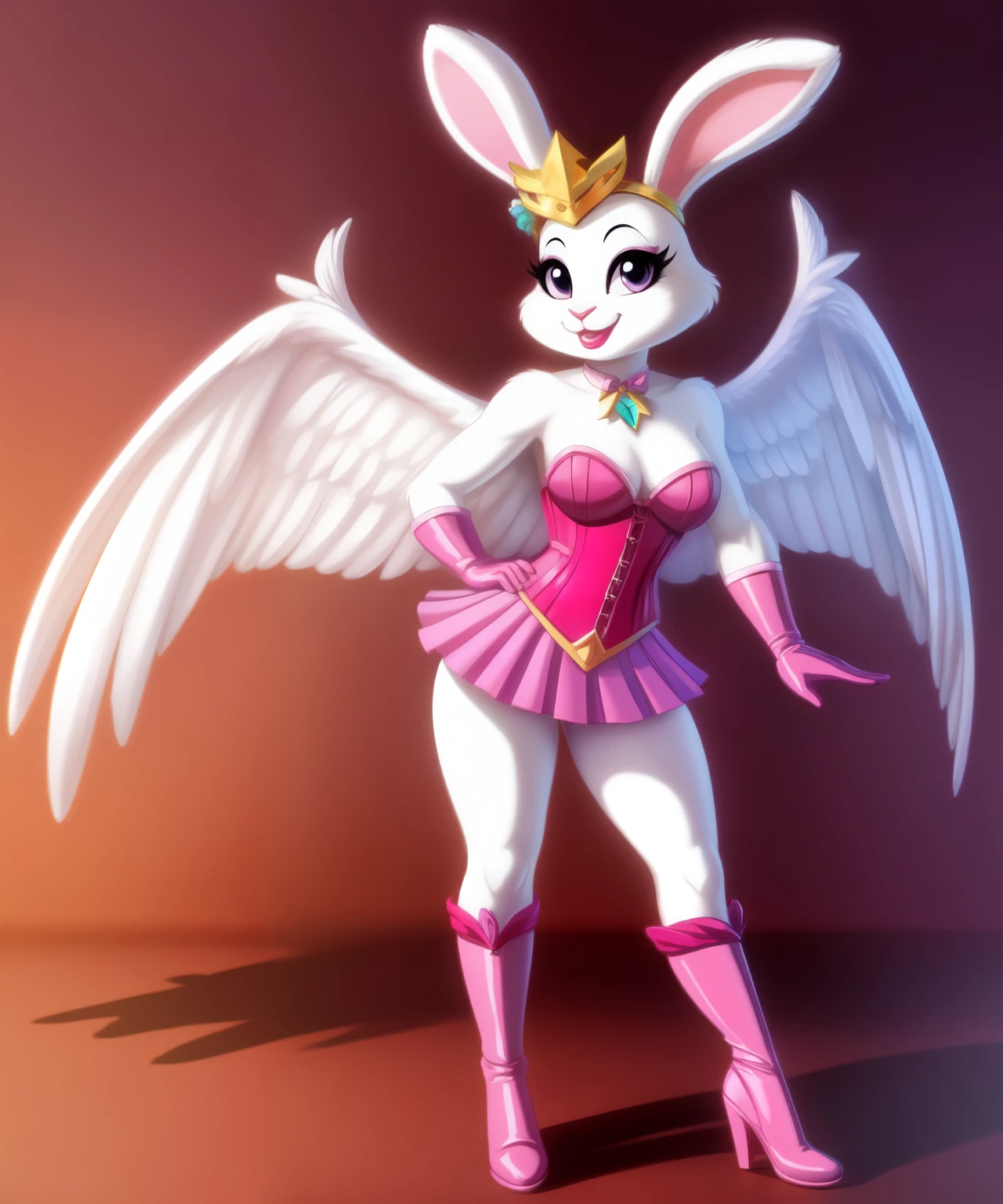 Female anthro rabbit as an magical girl, pink corset, white long gloves, white boots, white soft wings, pink lipstick, 1980’s cartoon
