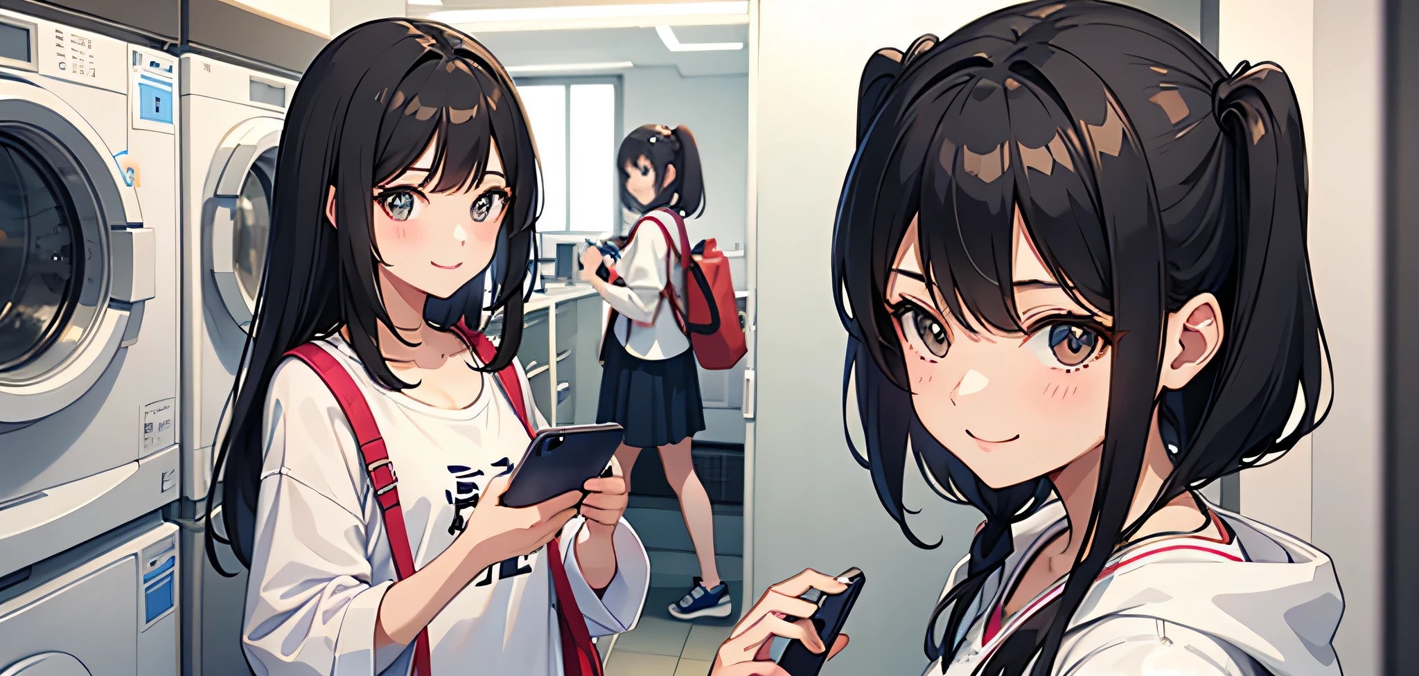 2girl, smiling, casual clothes, 1girl playing with phone, laundry background with washing machine, the girl looking to the phone