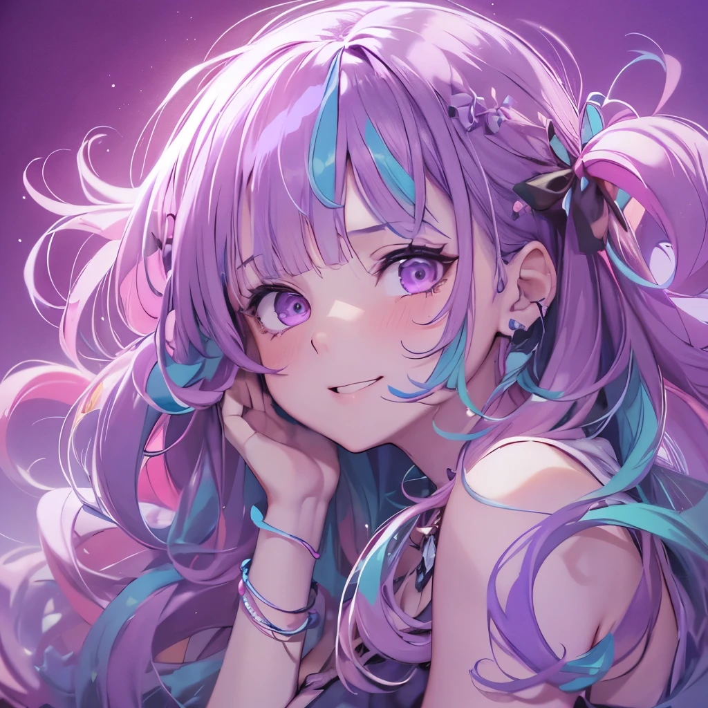 (masterpiece), 8k cg, stunningly beautiful girl, intricate details, chromatic aberration, ((bust shot)), ((looking at viewer)), 1girl, Aqua, (long wavy hair, (Purple hair)),extremely beautiful and delicate portrait, 16 years old, cute face, wide smile, joyful, soft cheeks, blush, makeup, absurdres, cinematic lighting, dynamic lighting, fantasy, ((dark background, fog))